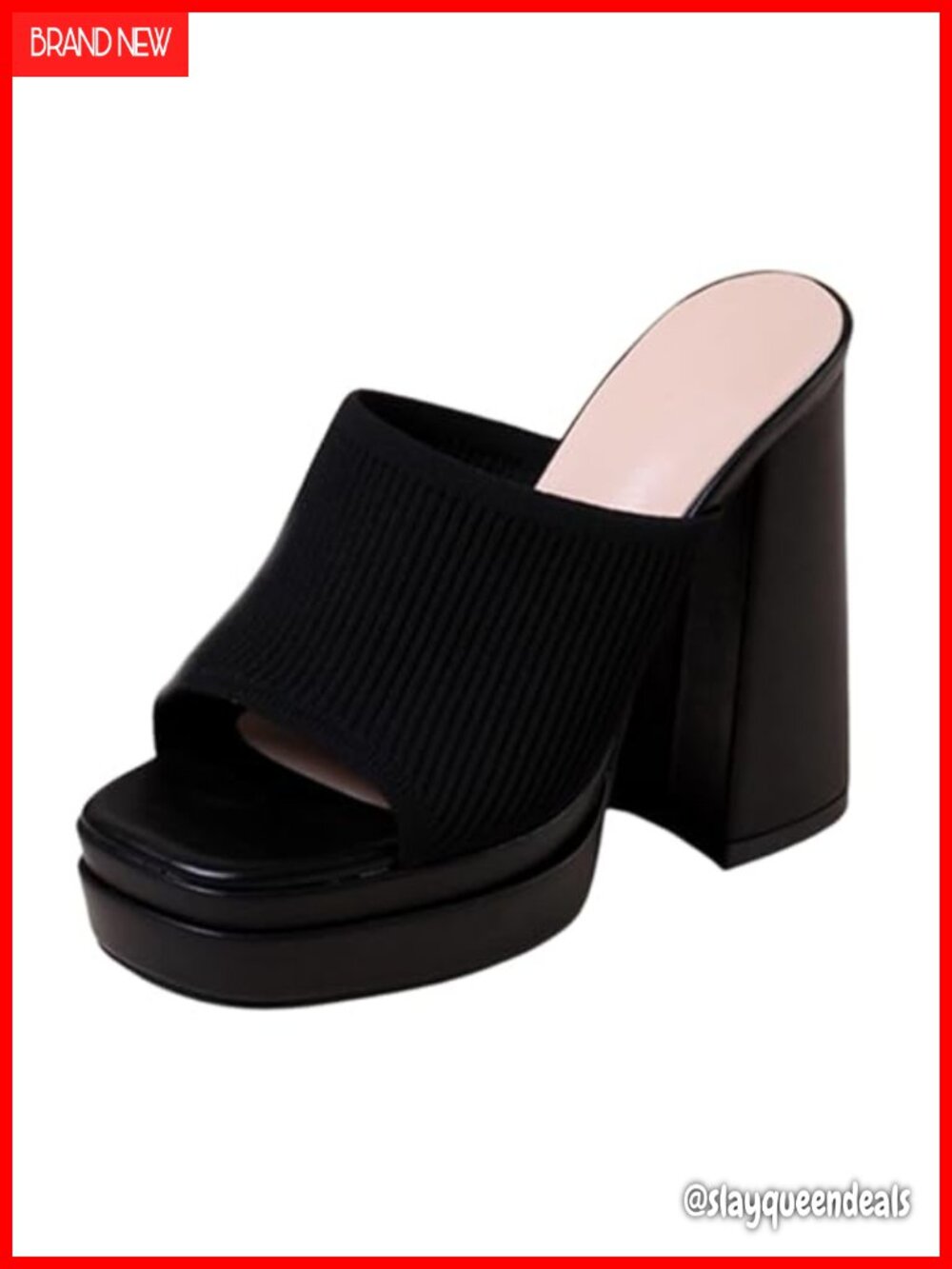 Womens Stretch Knit Platform Chunky Heel Sandals Square Open Toe Slip-On